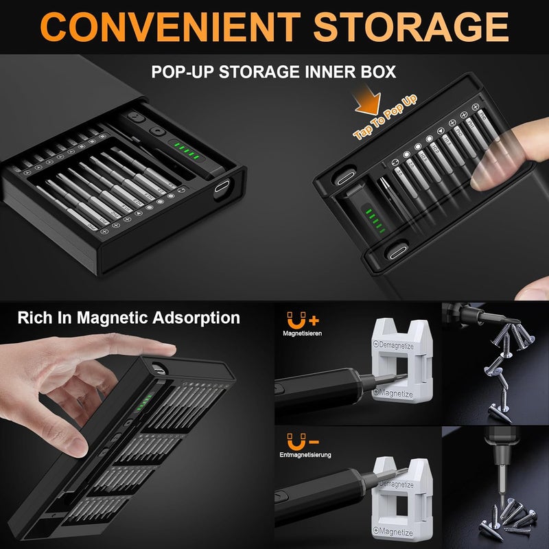 Tanso Mini Electric Screwdriver, 3.7V Precision Screwdriver Set Cordless Screwdrivers Rechargeable 72 In 1 Magnetic Bit Repair Tech Tool Kit for Electronics Computer Phone Laptop Camera RC Car Watch Glasses - Image 5